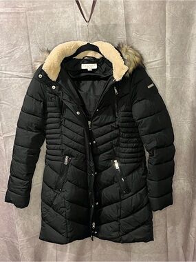 Laundry by Shelli Segal Black Long Puffer Coat Faux Fur Hood S